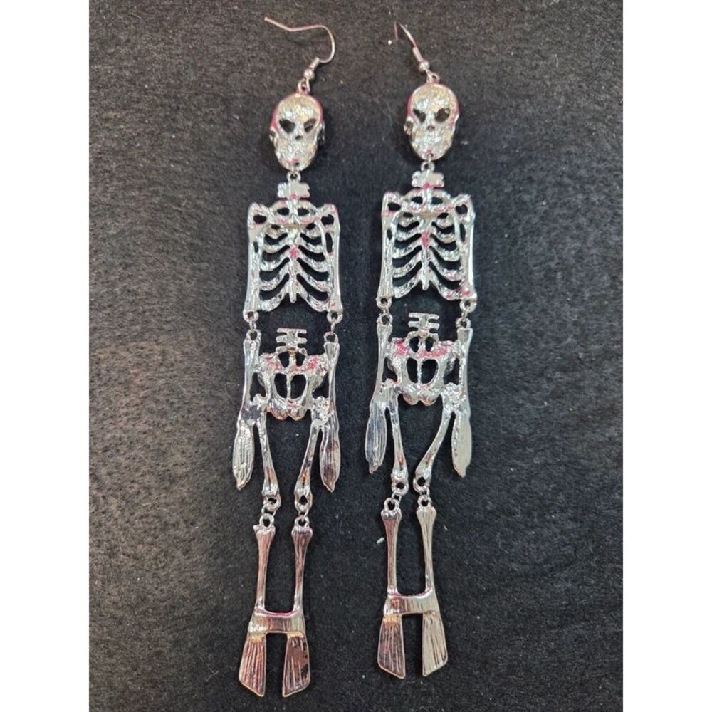 Extra Long Articulated Skeleton Dangle Earrings – Silver Tone Statement Jewelry